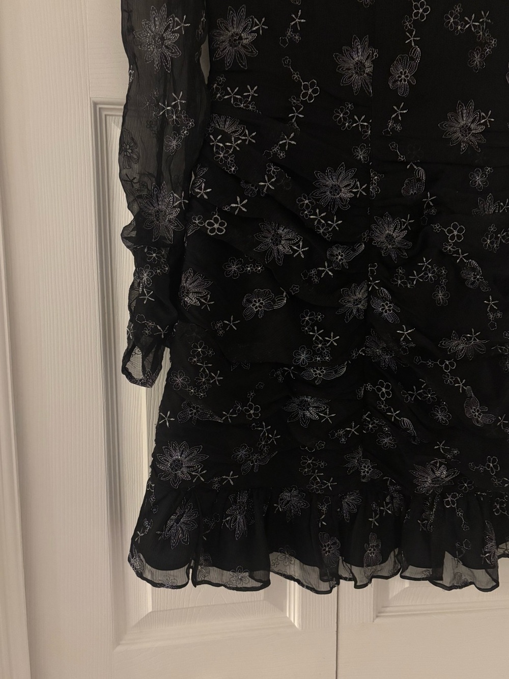 STEVIE MAY Black Long Sleeve Silver Floral Ruffle Ruched Mini Dress - Picture 15 of 15